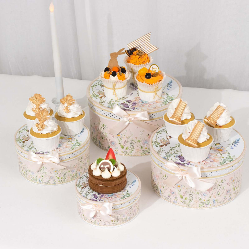 Set of 4 Cardstock Round Nesting Gift Boxes Blush Floral Design - Decorative Heavy Duty Stackable Keepsake Boxes With Lids for Presents Storage & Pedestal Stand 5",7",8",9" - Bell Racket Store