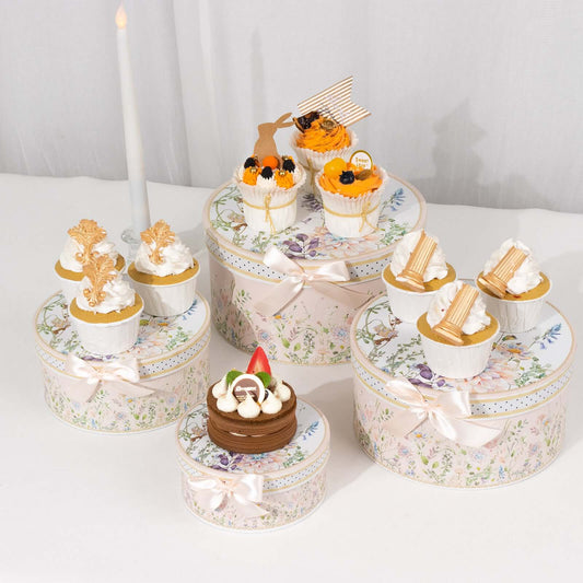 Set of 4 Cardstock Round Nesting Gift Boxes Blush Floral Design - Decorative Heavy Duty Stackable Keepsake Boxes With Lids for Presents Storage & Pedestal Stand 5",7",8",9" - Bell Racket Store