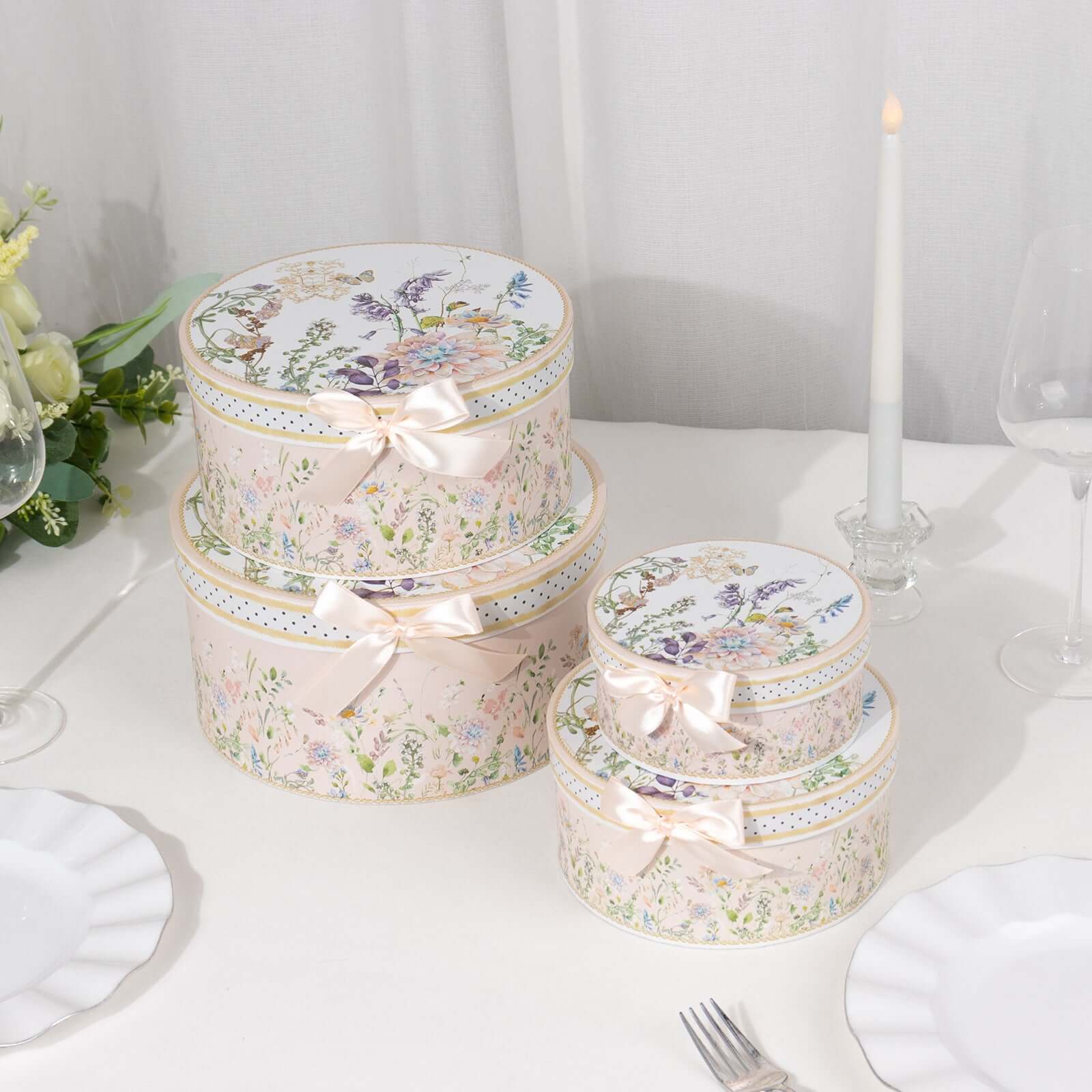 Set of 4 Cardstock Round Nesting Gift Boxes Blush Floral Design - Decorative Heavy Duty Stackable Keepsake Boxes With Lids for Presents Storage & Pedestal Stand 5",7",8",9" - Bell Racket Store