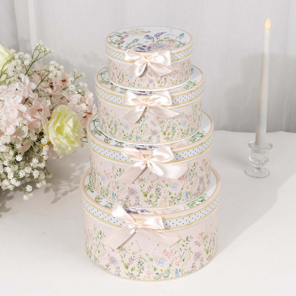 Set of 4 Cardstock Round Nesting Gift Boxes Blush Floral Design - Decorative Heavy Duty Stackable Keepsake Boxes With Lids for Presents Storage & Pedestal Stand 5",7",8",9" - Bell Racket Store