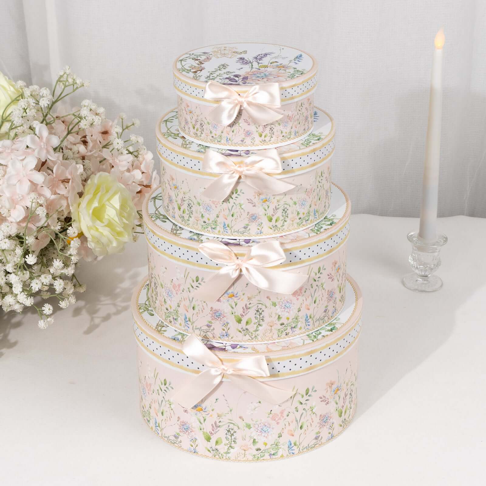 Set of 4 Cardstock Round Nesting Gift Boxes Blush Floral Design - Decorative Heavy Duty Stackable Keepsake Boxes With Lids for Presents Storage & Pedestal Stand 5",7",8",9" - Bell Racket Store
