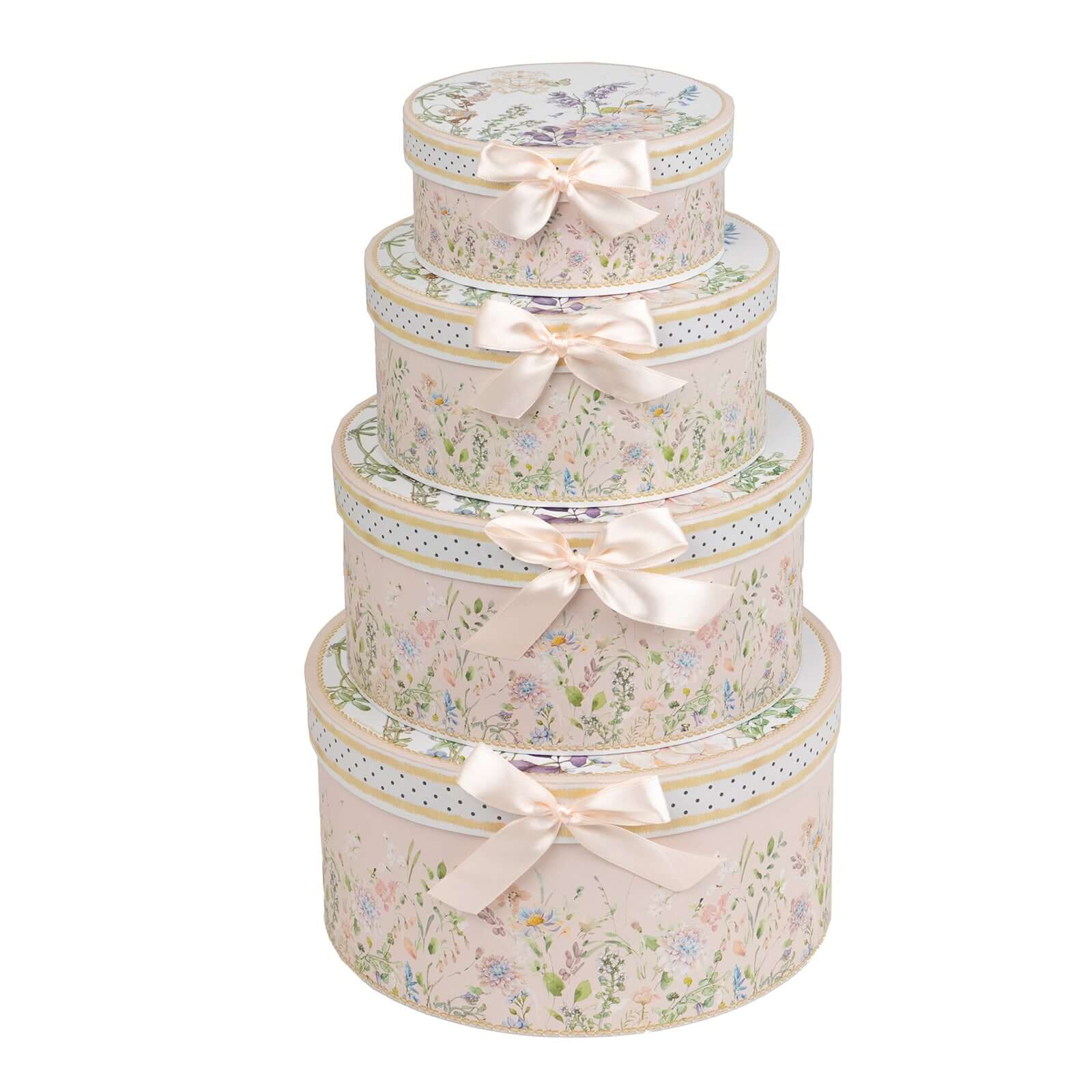 Set of 4 Cardstock Round Nesting Gift Boxes Blush Floral Design - Decorative Heavy Duty Stackable Keepsake Boxes With Lids for Presents Storage & Pedestal Stand 5",7",8",9" - Bell Racket Store