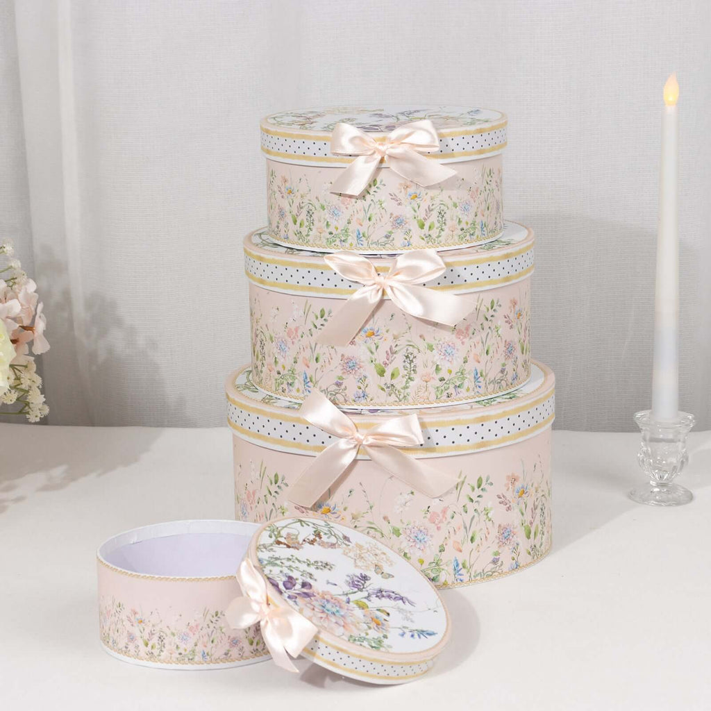 Set of 4 Cardstock Round Nesting Gift Boxes Blush Floral Design - Decorative Heavy Duty Stackable Keepsake Boxes With Lids for Presents Storage & Pedestal Stand 5",7",8",9" - Bell Racket Store