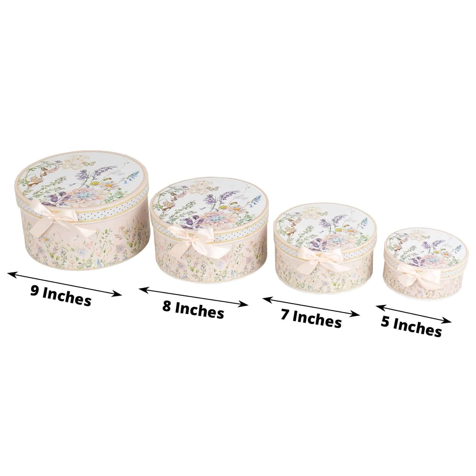 Set of 4 Cardstock Round Nesting Gift Boxes Blush Floral Design - Decorative Heavy Duty Stackable Keepsake Boxes With Lids for Presents Storage & Pedestal Stand 5",7",8",9" - Bell Racket Store