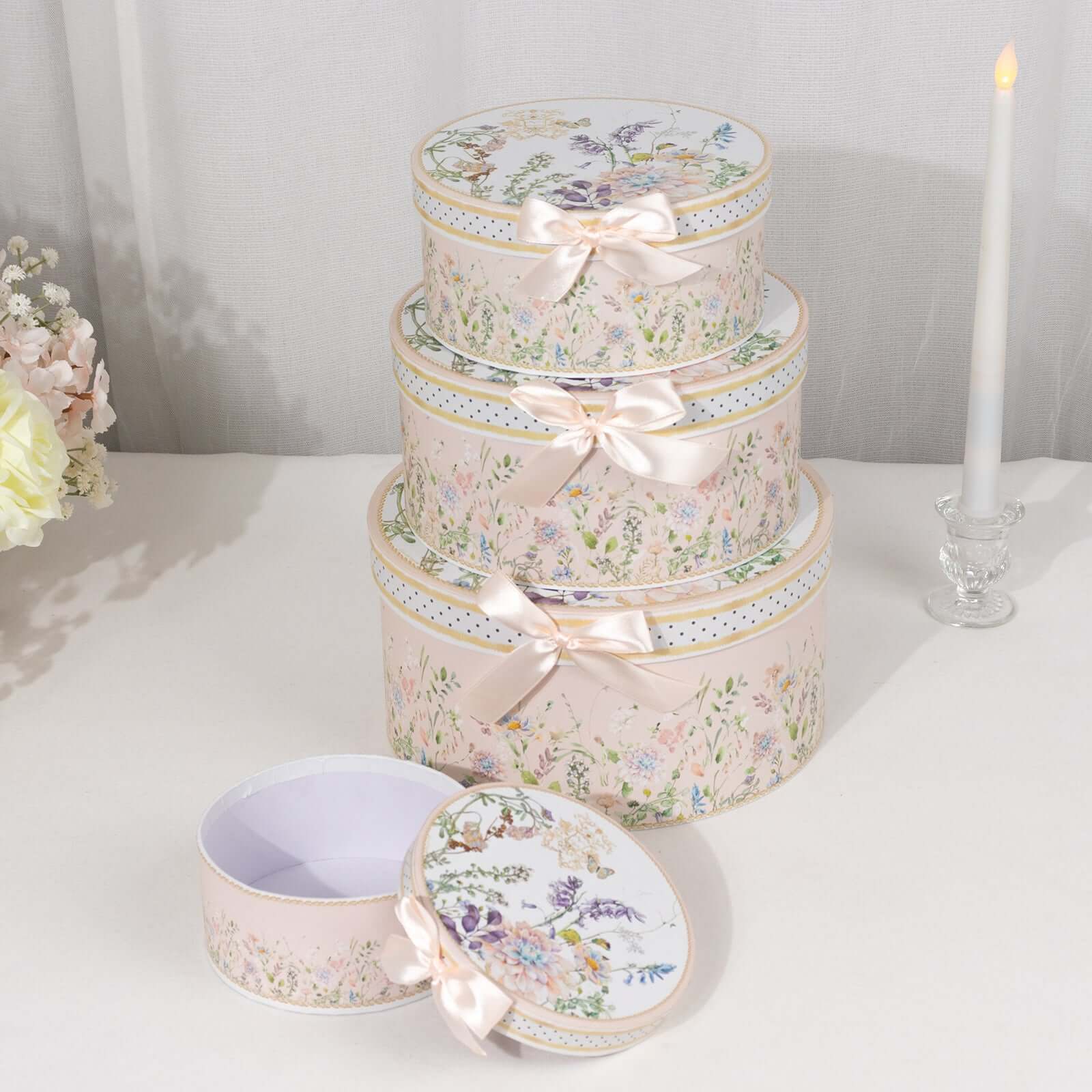 Set of 4 Cardstock Round Nesting Gift Boxes Blush Floral Design - Decorative Heavy Duty Stackable Keepsake Boxes With Lids for Presents Storage & Pedestal Stand 5",7",8",9" - Bell Racket Store