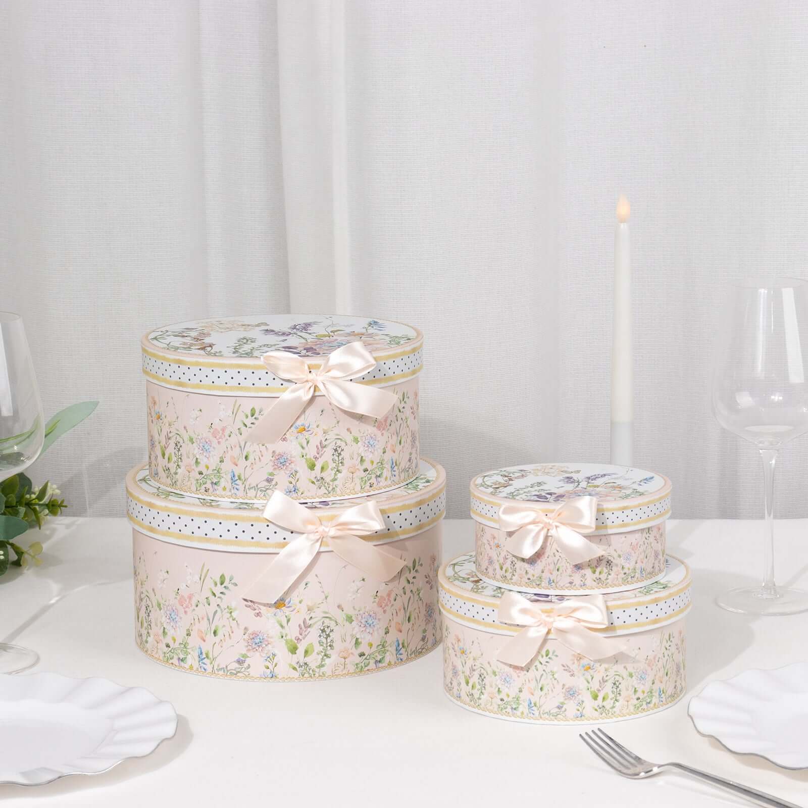 Set of 4 Cardstock Round Nesting Gift Boxes Blush Floral Design - Decorative Heavy Duty Stackable Keepsake Boxes With Lids for Presents Storage & Pedestal Stand 5",7",8",9" - Bell Racket Store