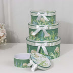 Set of 4 Cardstock Round Nesting Gift Boxes Greenery Theme Design - Decorative Heavy Duty Stackable Keepsake Boxes With Lids for Presents Storage & Pedestal Stand 5",7",8",9" - Bell Racket Store