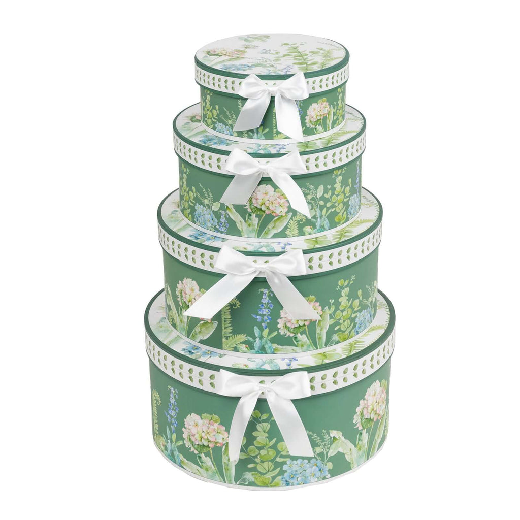 Set of 4 Cardstock Round Nesting Gift Boxes Greenery Theme Design - Decorative Heavy Duty Stackable Keepsake Boxes With Lids for Presents Storage & Pedestal Stand 5",7",8",9" - Bell Racket Store