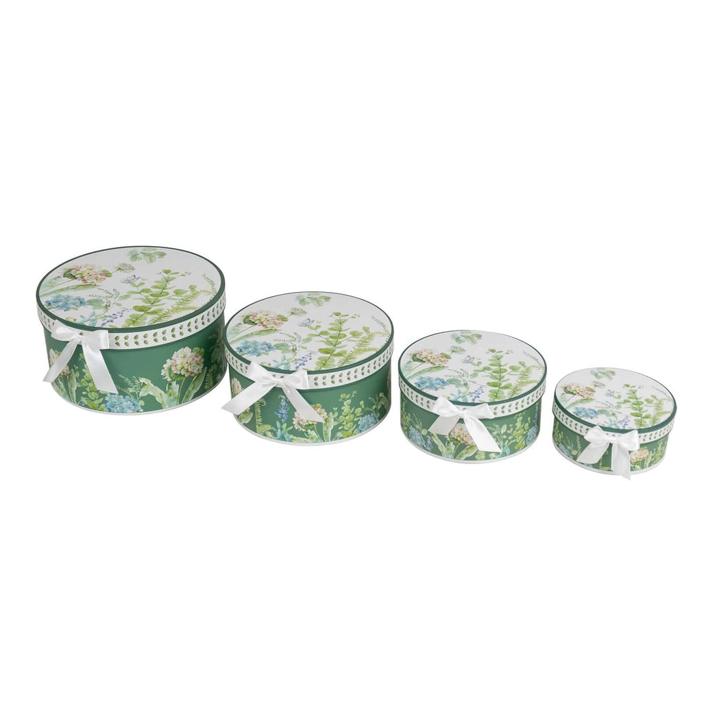 Set of 4 Cardstock Round Nesting Gift Boxes Greenery Theme Design - Decorative Heavy Duty Stackable Keepsake Boxes With Lids for Presents Storage & Pedestal Stand 5",7",8",9" - Bell Racket Store