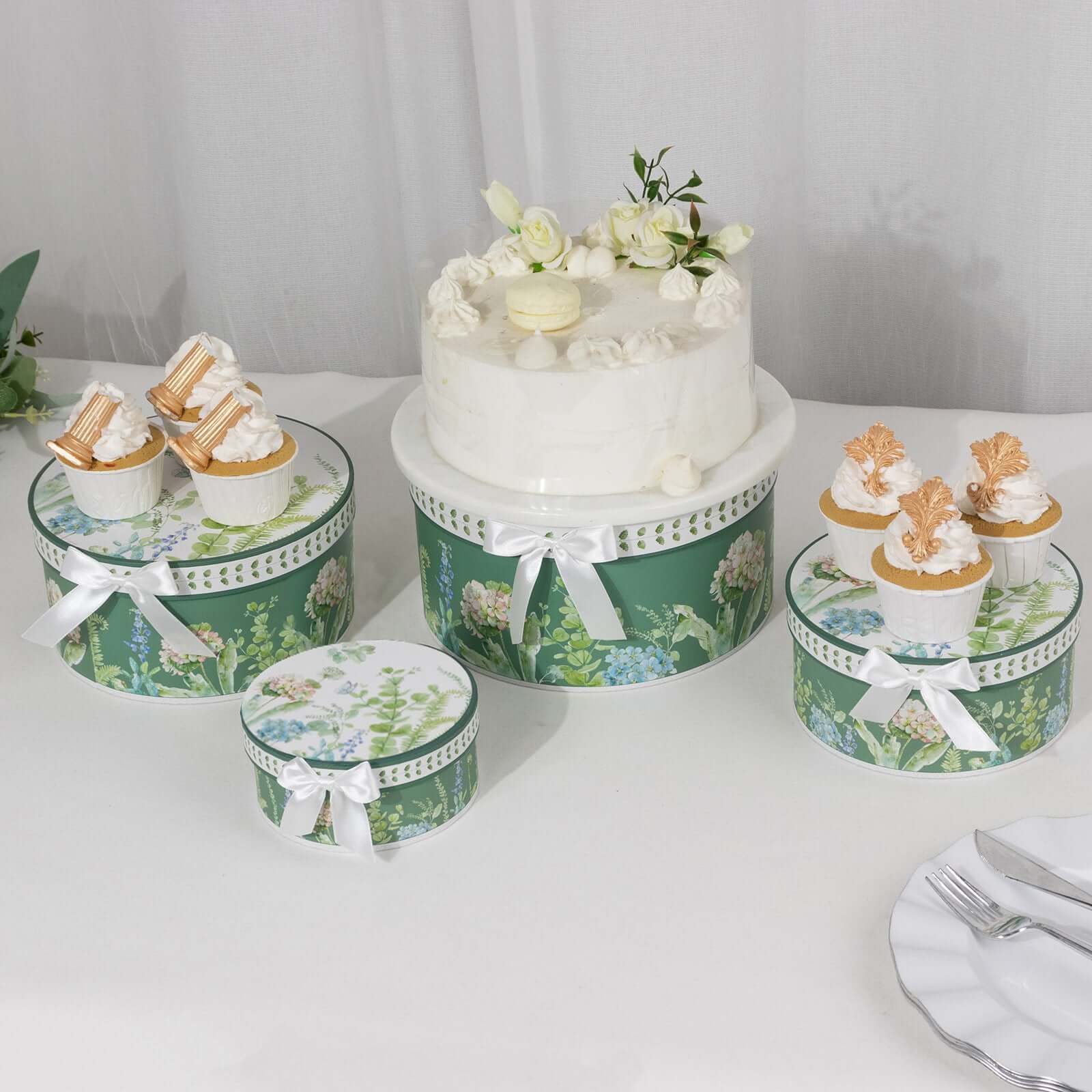 Set of 4 Cardstock Round Nesting Gift Boxes Greenery Theme Design - Decorative Heavy Duty Stackable Keepsake Boxes With Lids for Presents Storage & Pedestal Stand 5",7",8",9" - Bell Racket Store