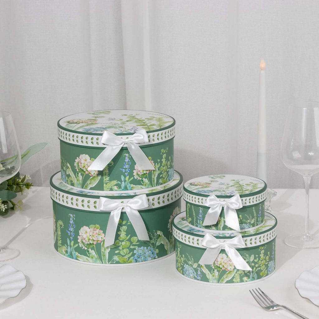 Set of 4 Cardstock Round Nesting Gift Boxes Greenery Theme Design - Decorative Heavy Duty Stackable Keepsake Boxes With Lids for Presents Storage & Pedestal Stand 5",7",8",9" - Bell Racket Store