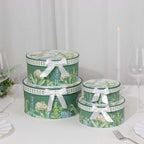 Set of 4 Cardstock Round Nesting Gift Boxes Greenery Theme Design - Decorative Heavy Duty Stackable Keepsake Boxes With Lids for Presents Storage & Pedestal Stand 5",7",8",9" - Bell Racket Store