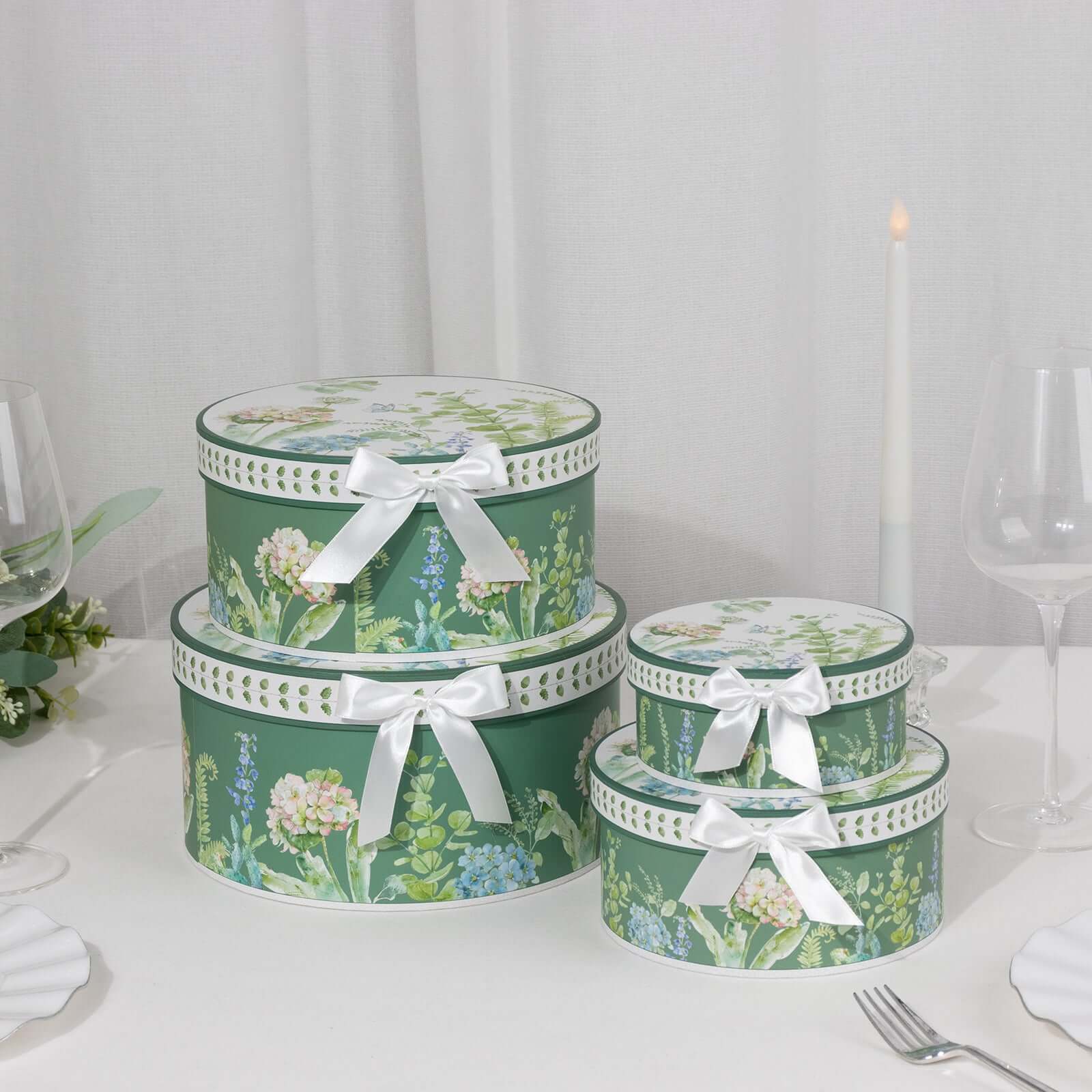 Set of 4 Cardstock Round Nesting Gift Boxes Greenery Theme Design - Decorative Heavy Duty Stackable Keepsake Boxes With Lids for Presents Storage & Pedestal Stand 5",7",8",9" - Bell Racket Store