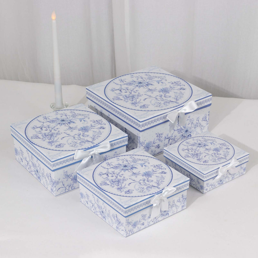 Set of 4 Cardstock Square Nesting Gift Boxes White Blue French Toile Design - Decorative Heavy Duty Stackable Keepsake Boxes With Lids for Presents Storage & Pedestal Stand 6",7",8",9" - Bell Racket Store