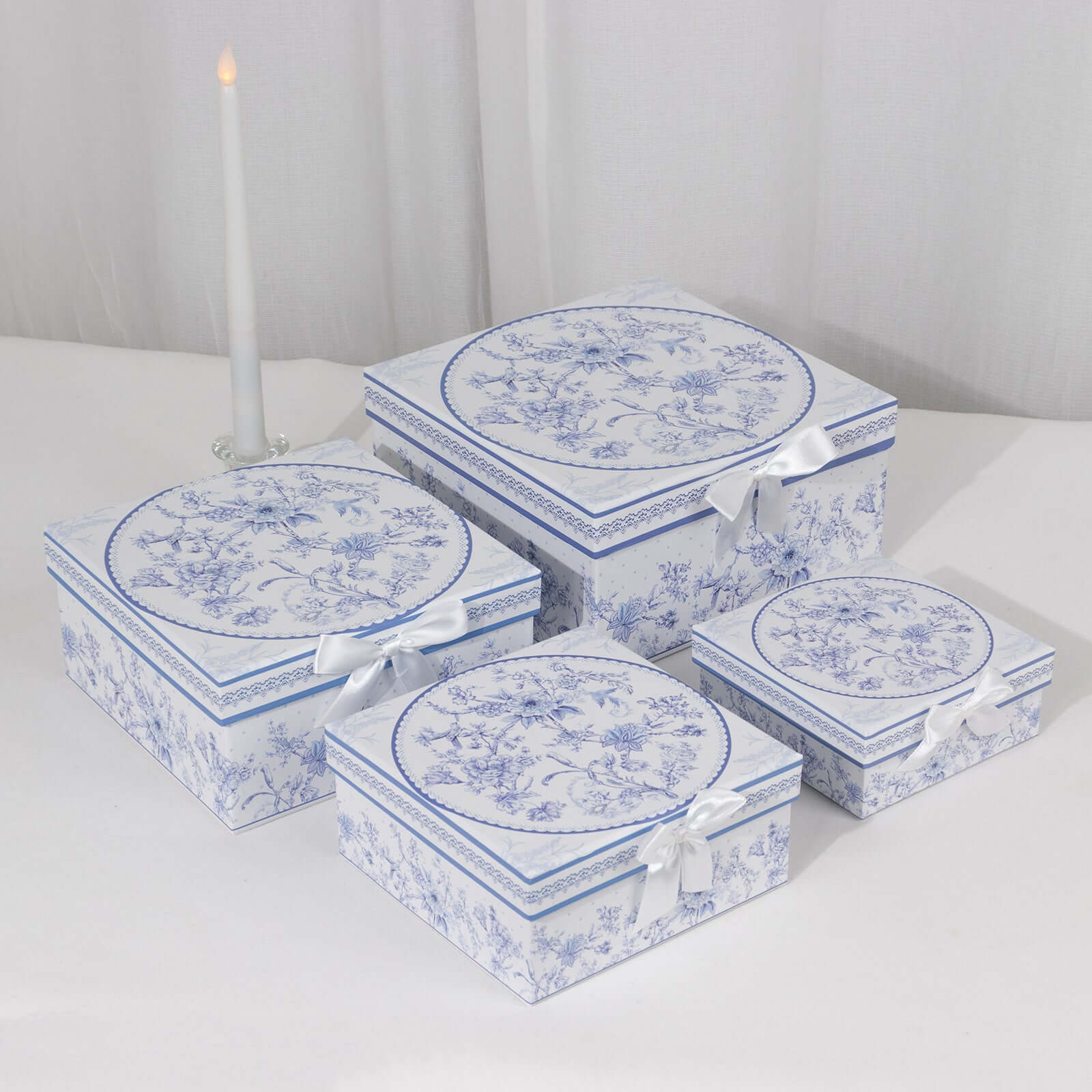 Set of 4 Cardstock Square Nesting Gift Boxes White Blue French Toile Design - Decorative Heavy Duty Stackable Keepsake Boxes With Lids for Presents Storage & Pedestal Stand 6",7",8",9" - Bell Racket Store
