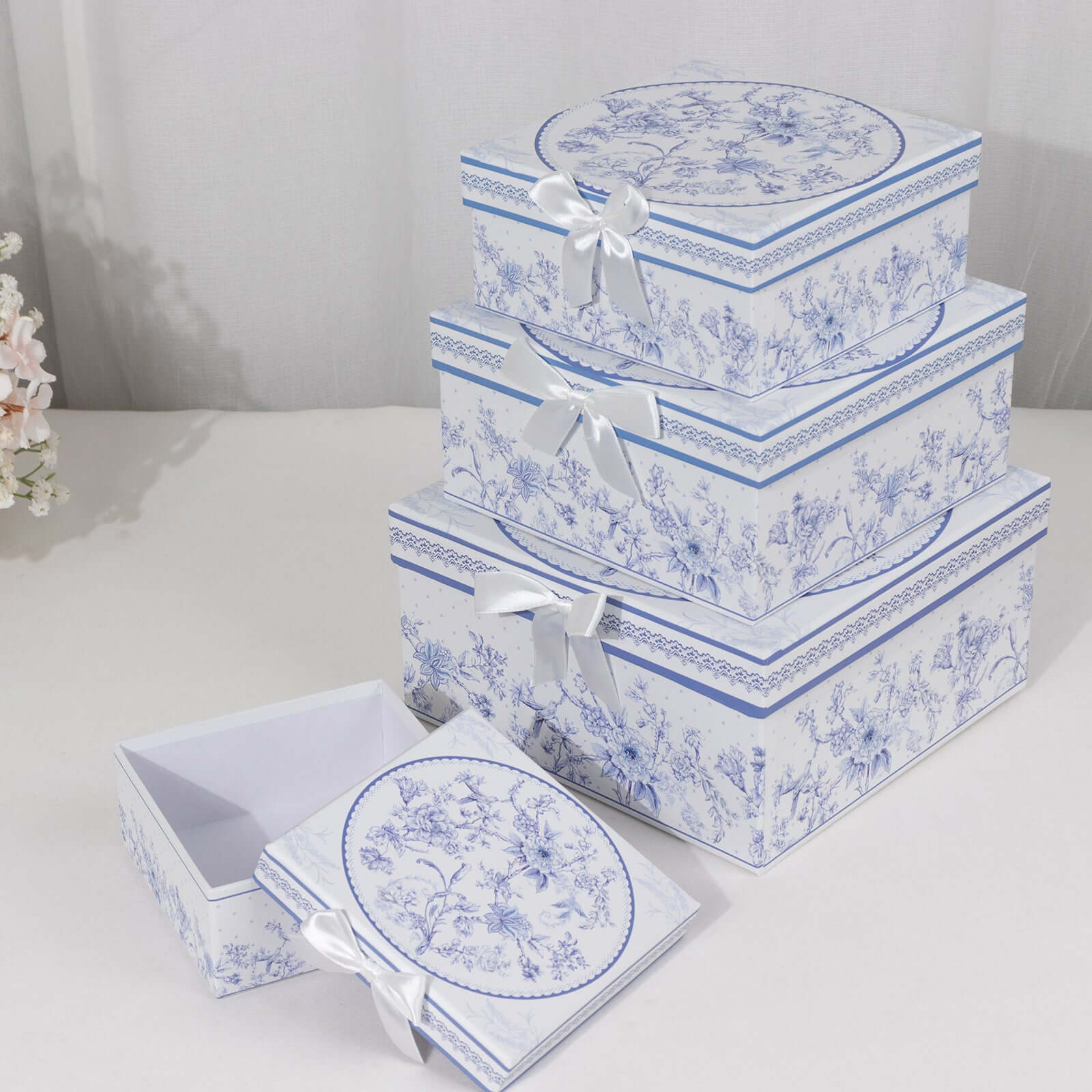 Set of 4 Cardstock Square Nesting Gift Boxes White Blue French Toile Design - Decorative Heavy Duty Stackable Keepsake Boxes With Lids for Presents Storage & Pedestal Stand 6",7",8",9" - Bell Racket Store