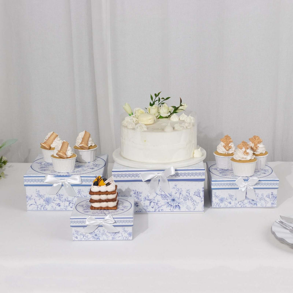 Set of 4 Cardstock Square Nesting Gift Boxes White Blue French Toile Design - Decorative Heavy Duty Stackable Keepsake Boxes With Lids for Presents Storage & Pedestal Stand 6",7",8",9" - Bell Racket Store