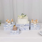 Set of 4 Cardstock Square Nesting Gift Boxes White Blue French Toile Design - Decorative Heavy Duty Stackable Keepsake Boxes With Lids for Presents Storage & Pedestal Stand 6",7",8",9" - Bell Racket Store