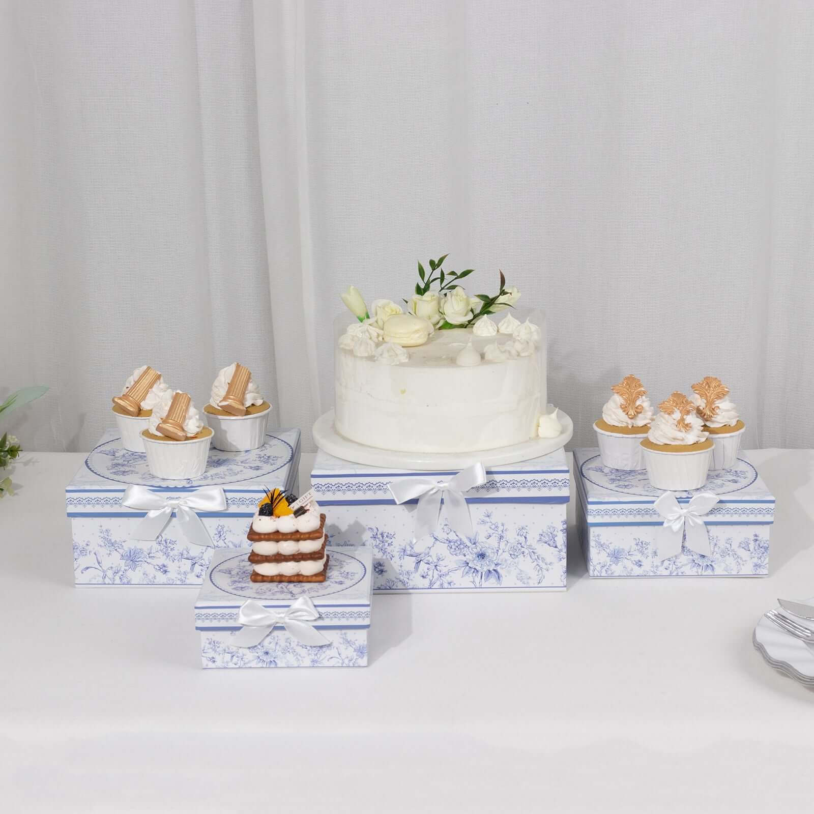 Set of 4 Cardstock Square Nesting Gift Boxes White Blue French Toile Design - Decorative Heavy Duty Stackable Keepsake Boxes With Lids for Presents Storage & Pedestal Stand 6",7",8",9" - Bell Racket Store