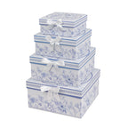 Set of 4 Cardstock Square Nesting Gift Boxes White Blue French Toile Design - Decorative Heavy Duty Stackable Keepsake Boxes With Lids for Presents Storage & Pedestal Stand 6",7",8",9" - Bell Racket Store