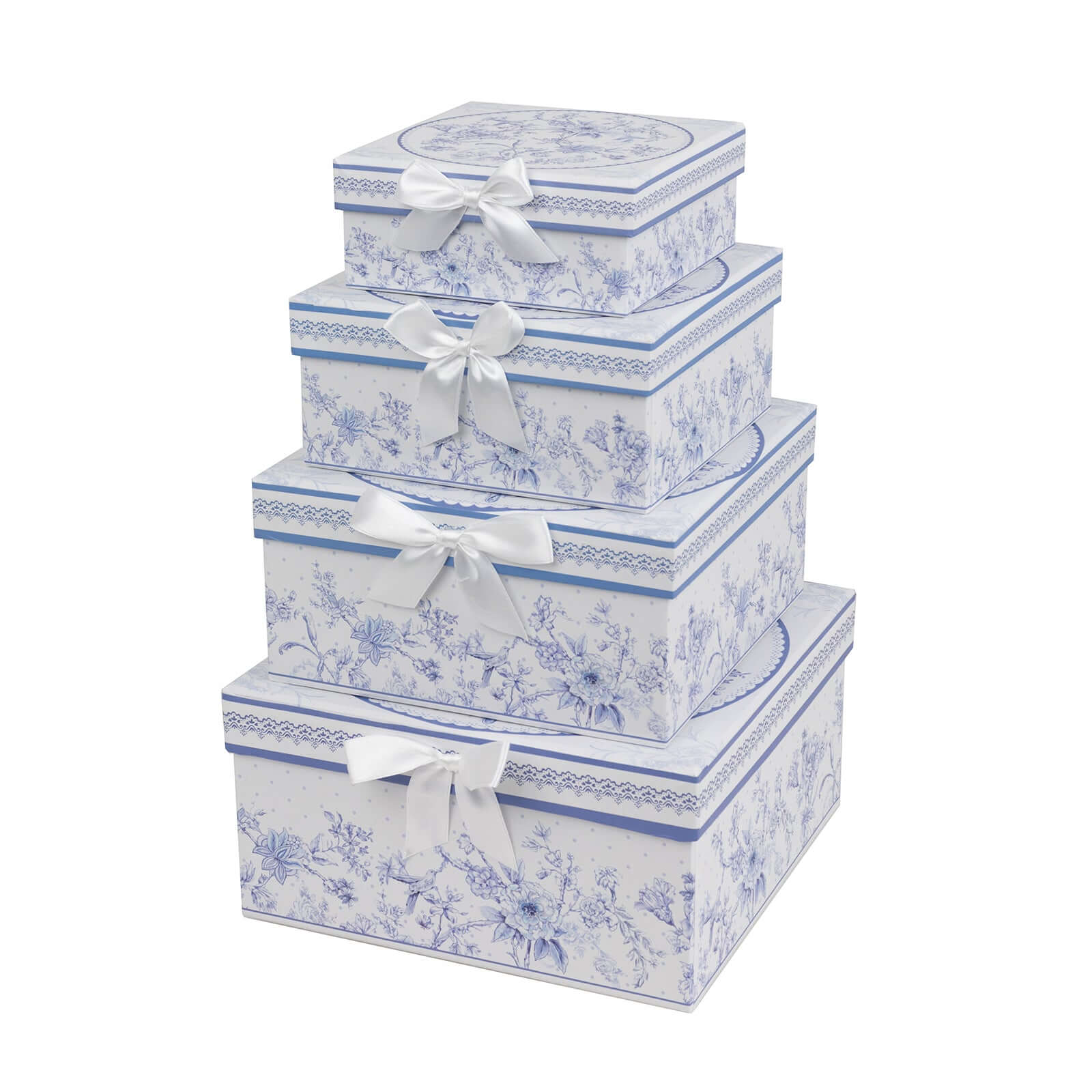 Set of 4 Cardstock Square Nesting Gift Boxes White Blue French Toile Design - Decorative Heavy Duty Stackable Keepsake Boxes With Lids for Presents Storage & Pedestal Stand 6",7",8",9" - Bell Racket Store