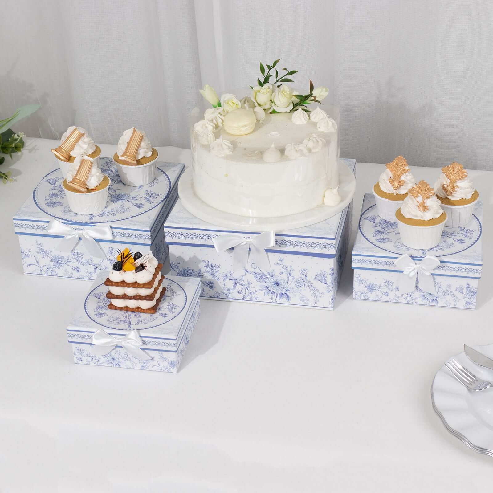 Set of 4 Cardstock Square Nesting Gift Boxes White Blue French Toile Design - Decorative Heavy Duty Stackable Keepsake Boxes With Lids for Presents Storage & Pedestal Stand 6",7",8",9" - Bell Racket Store