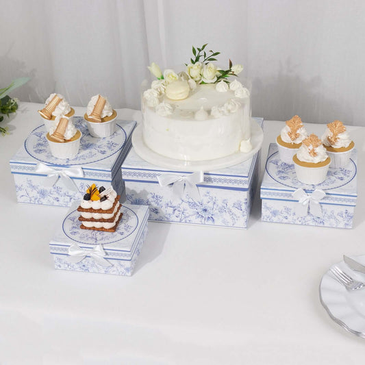 Set of 4 Cardstock Square Nesting Gift Boxes White Blue French Toile Design - Decorative Heavy Duty Stackable Keepsake Boxes With Lids for Presents Storage & Pedestal Stand 6",7",8",9" - Bell Racket Store