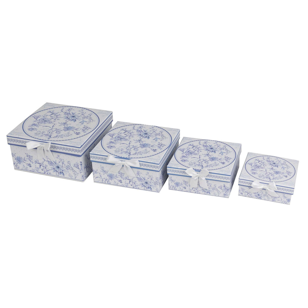 Set of 4 Cardstock Square Nesting Gift Boxes White Blue French Toile Design - Decorative Heavy Duty Stackable Keepsake Boxes With Lids for Presents Storage & Pedestal Stand 6",7",8",9" - Bell Racket Store