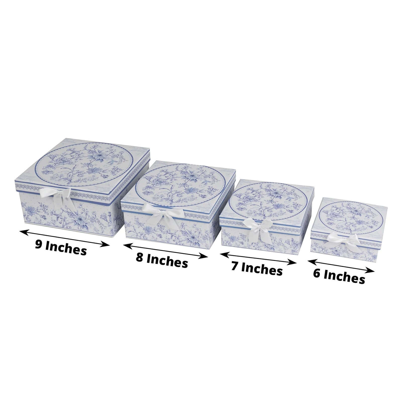 Set of 4 Cardstock Square Nesting Gift Boxes White Blue French Toile Design - Decorative Heavy Duty Stackable Keepsake Boxes With Lids for Presents Storage & Pedestal Stand 6",7",8",9" - Bell Racket Store