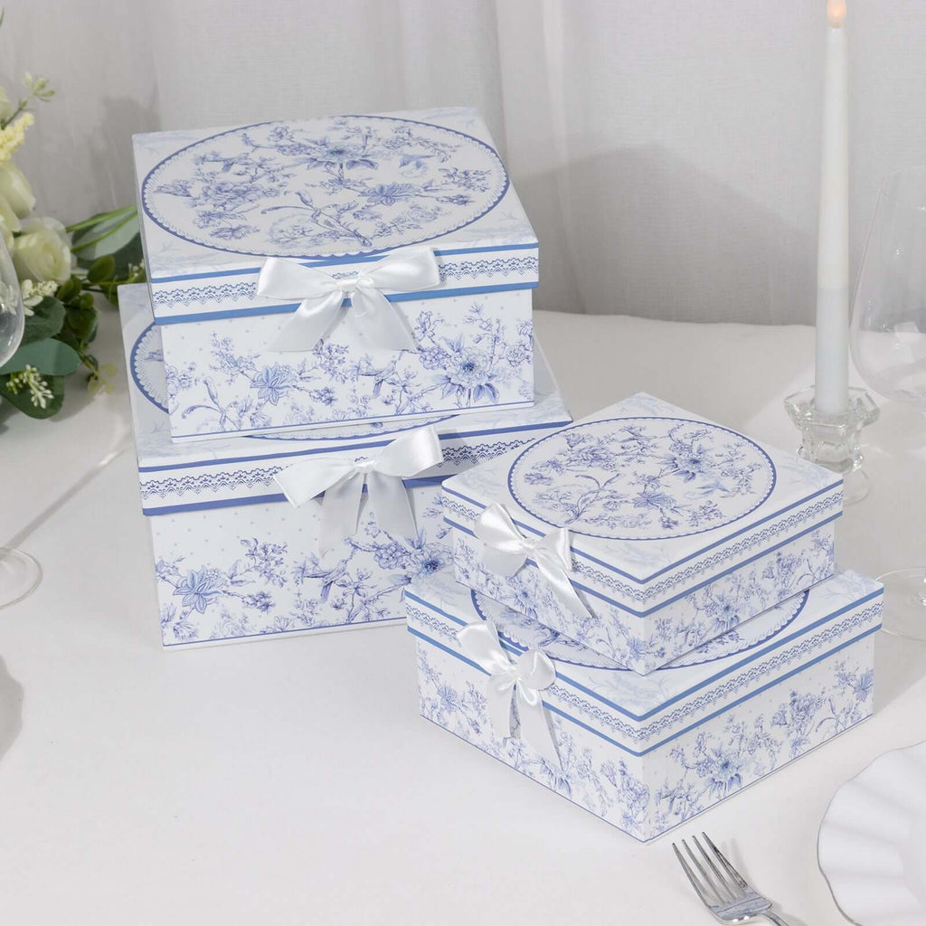 Set of 4 Cardstock Square Nesting Gift Boxes White Blue French Toile Design - Decorative Heavy Duty Stackable Keepsake Boxes With Lids for Presents Storage & Pedestal Stand 6",7",8",9" - Bell Racket Store