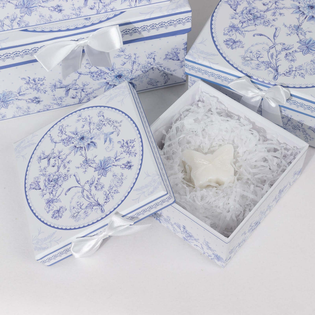 Set of 4 Cardstock Square Nesting Gift Boxes White Blue French Toile Design - Decorative Heavy Duty Stackable Keepsake Boxes With Lids for Presents Storage & Pedestal Stand 6",7",8",9" - Bell Racket Store