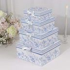Set of 4 Cardstock Square Nesting Gift Boxes White Blue French Toile Design - Decorative Heavy Duty Stackable Keepsake Boxes With Lids for Presents Storage & Pedestal Stand 6",7",8",9" - Bell Racket Store