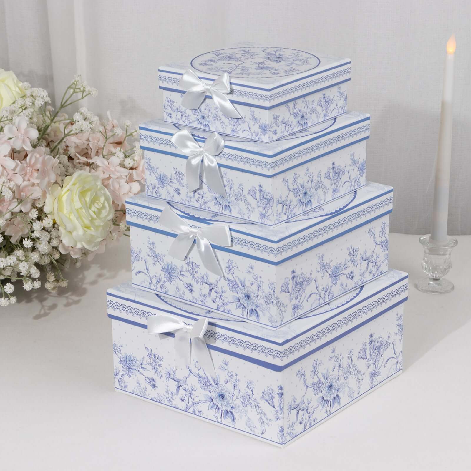 Set of 4 Cardstock Square Nesting Gift Boxes White Blue French Toile Design - Decorative Heavy Duty Stackable Keepsake Boxes With Lids for Presents Storage & Pedestal Stand 6",7",8",9" - Bell Racket Store