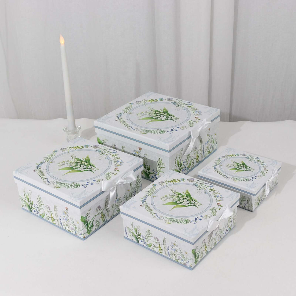 Set of 4 Cardstock Square Nesting Gift Boxes White Green Floral Design - Decorative Heavy Duty Stackable Keepsake Boxes With Lids for Presents Storage & Pedestal Stand 6",7",8",9" - Bell Racket Store