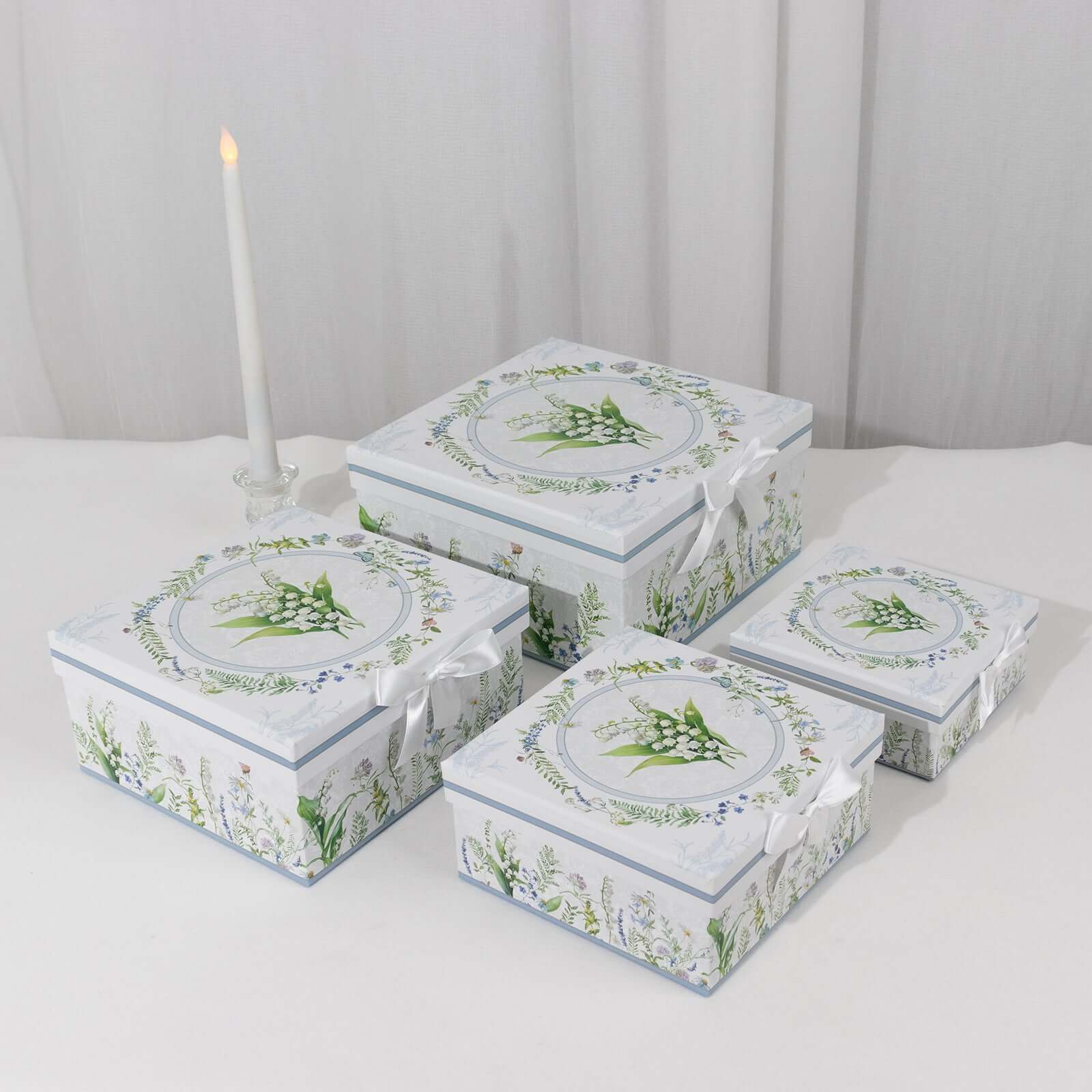 Set of 4 Cardstock Square Nesting Gift Boxes White Green Floral Design - Decorative Heavy Duty Stackable Keepsake Boxes With Lids for Presents Storage & Pedestal Stand 6",7",8",9" - Bell Racket Store
