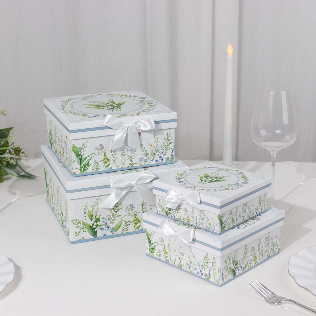 Set of 4 Cardstock Square Nesting Gift Boxes White Green Floral Design - Decorative Heavy Duty Stackable Keepsake Boxes With Lids for Presents Storage & Pedestal Stand 6",7",8",9" - Bell Racket Store
