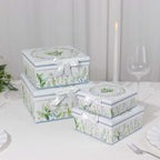 Set of 4 Cardstock Square Nesting Gift Boxes White Green Floral Design - Decorative Heavy Duty Stackable Keepsake Boxes With Lids for Presents Storage & Pedestal Stand 6",7",8",9" - Bell Racket Store