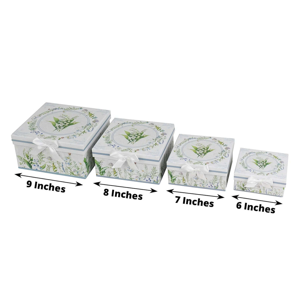 Set of 4 Cardstock Square Nesting Gift Boxes White Green Floral Design - Decorative Heavy Duty Stackable Keepsake Boxes With Lids for Presents Storage & Pedestal Stand 6",7",8",9" - Bell Racket Store