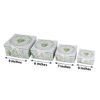 Set of 4 Cardstock Square Nesting Gift Boxes White Green Floral Design - Decorative Heavy Duty Stackable Keepsake Boxes With Lids for Presents Storage & Pedestal Stand 6",7",8",9" - Bell Racket Store