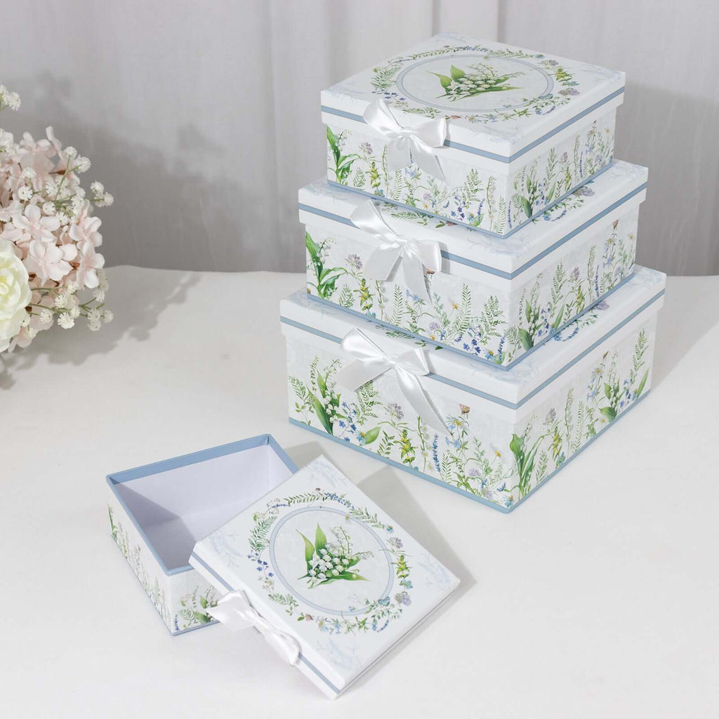 Set of 4 Cardstock Square Nesting Gift Boxes White Green Floral Design - Decorative Heavy Duty Stackable Keepsake Boxes With Lids for Presents Storage & Pedestal Stand 6",7",8",9" - Bell Racket Store