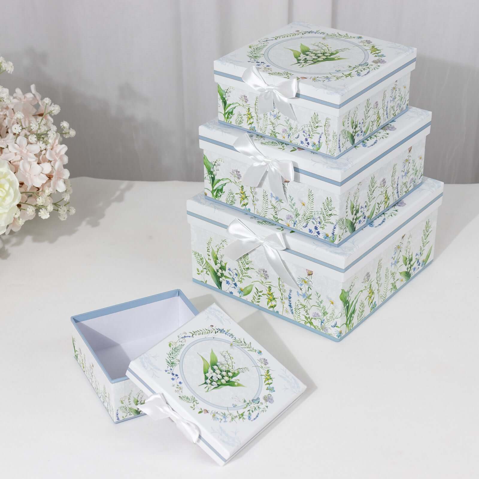 Set of 4 Cardstock Square Nesting Gift Boxes White Green Floral Design - Decorative Heavy Duty Stackable Keepsake Boxes With Lids for Presents Storage & Pedestal Stand 6",7",8",9" - Bell Racket Store