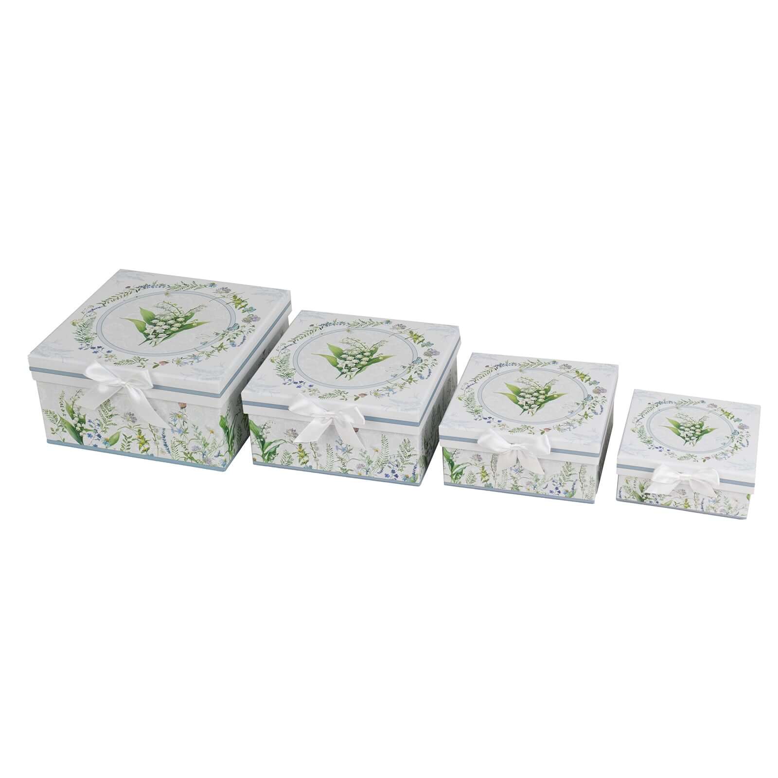 Set of 4 Cardstock Square Nesting Gift Boxes White Green Floral Design - Decorative Heavy Duty Stackable Keepsake Boxes With Lids for Presents Storage & Pedestal Stand 6",7",8",9" - Bell Racket Store