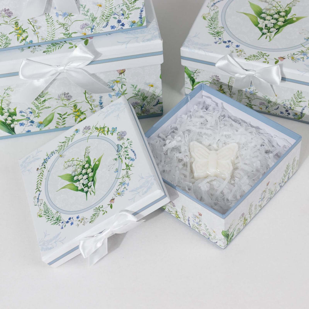 Set of 4 Cardstock Square Nesting Gift Boxes White Green Floral Design - Decorative Heavy Duty Stackable Keepsake Boxes With Lids for Presents Storage & Pedestal Stand 6",7",8",9" - Bell Racket Store