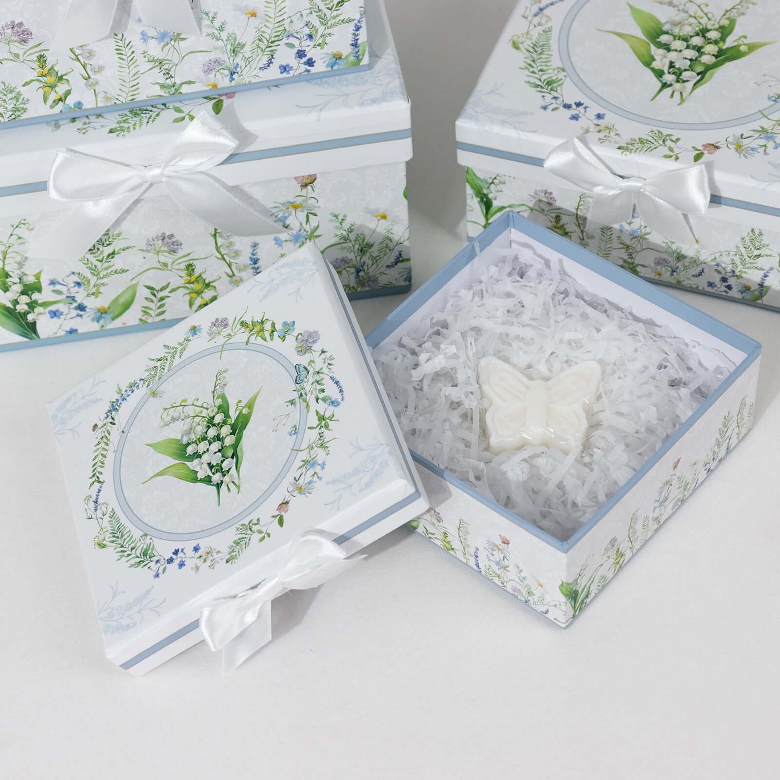 Set of 4 Cardstock Square Nesting Gift Boxes White Green Floral Design - Decorative Heavy Duty Stackable Keepsake Boxes With Lids for Presents Storage & Pedestal Stand 6",7",8",9" - Bell Racket Store