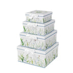 Set of 4 Cardstock Square Nesting Gift Boxes White Green Floral Design - Decorative Heavy Duty Stackable Keepsake Boxes With Lids for Presents Storage & Pedestal Stand 6",7",8",9" - Bell Racket Store