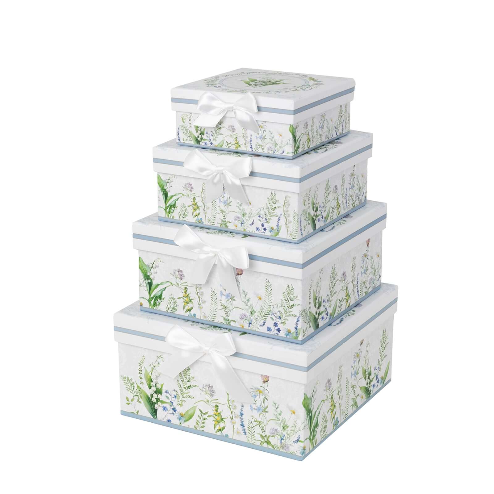 Set of 4 Cardstock Square Nesting Gift Boxes White Green Floral Design - Decorative Heavy Duty Stackable Keepsake Boxes With Lids for Presents Storage & Pedestal Stand 6",7",8",9" - Bell Racket Store