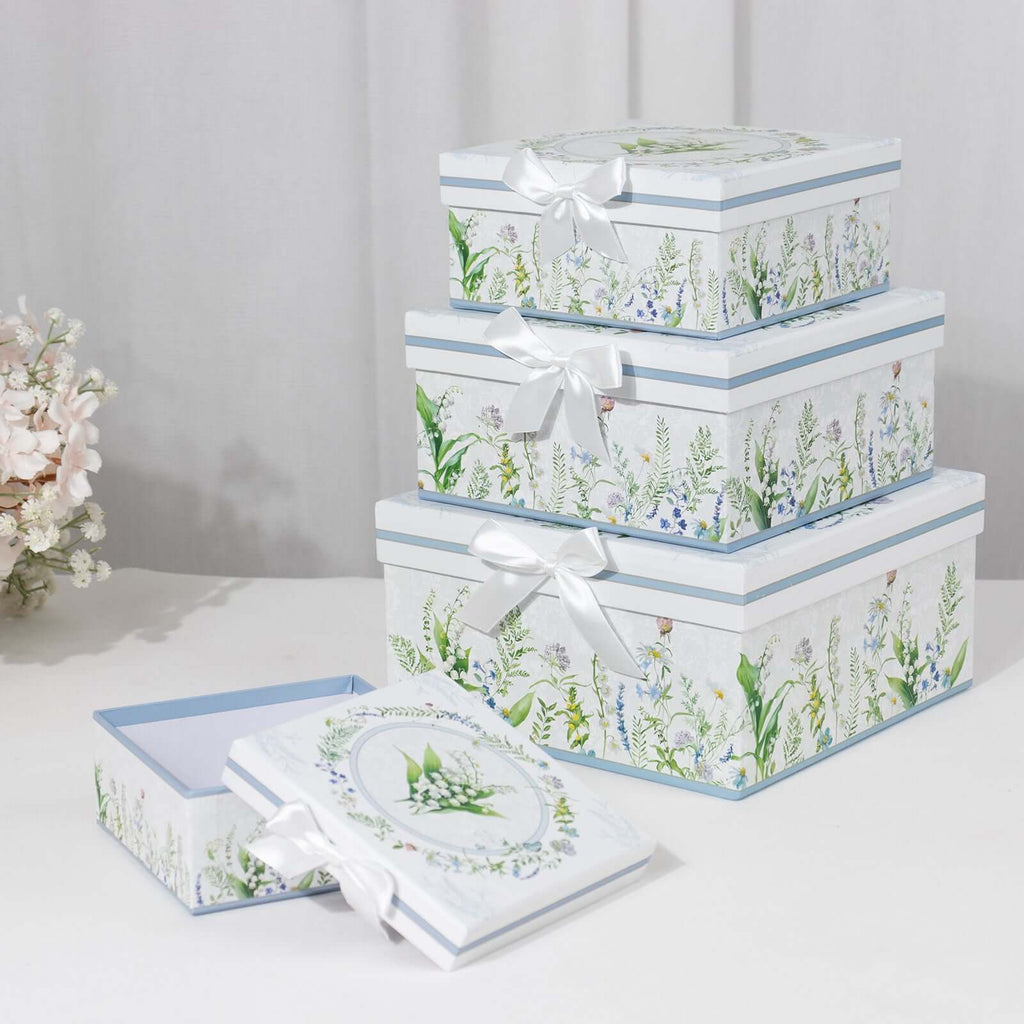 Set of 4 Cardstock Square Nesting Gift Boxes White Green Floral Design - Decorative Heavy Duty Stackable Keepsake Boxes With Lids for Presents Storage & Pedestal Stand 6",7",8",9" - Bell Racket Store