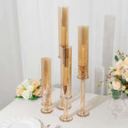 Set of 4 Crystal Glass Hurricane Taper Candle Holders, Decorative Tall Candle Stands Amber Gold Cylinder Chimney Tubes 14", 18", 22", 26" - Bell Racket Store