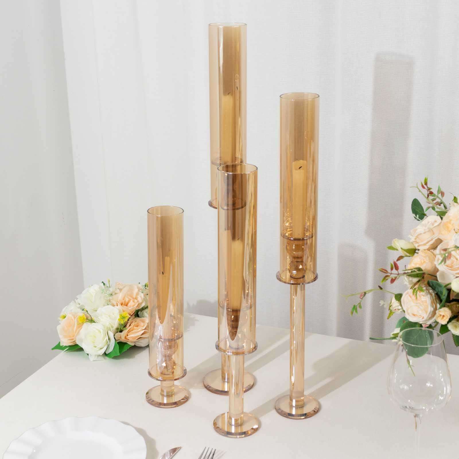 Set of 4 Crystal Glass Hurricane Taper Candle Holders, Decorative Tall Candle Stands Amber Gold Cylinder Chimney Tubes 14", 18", 22", 26" - Bell Racket Store