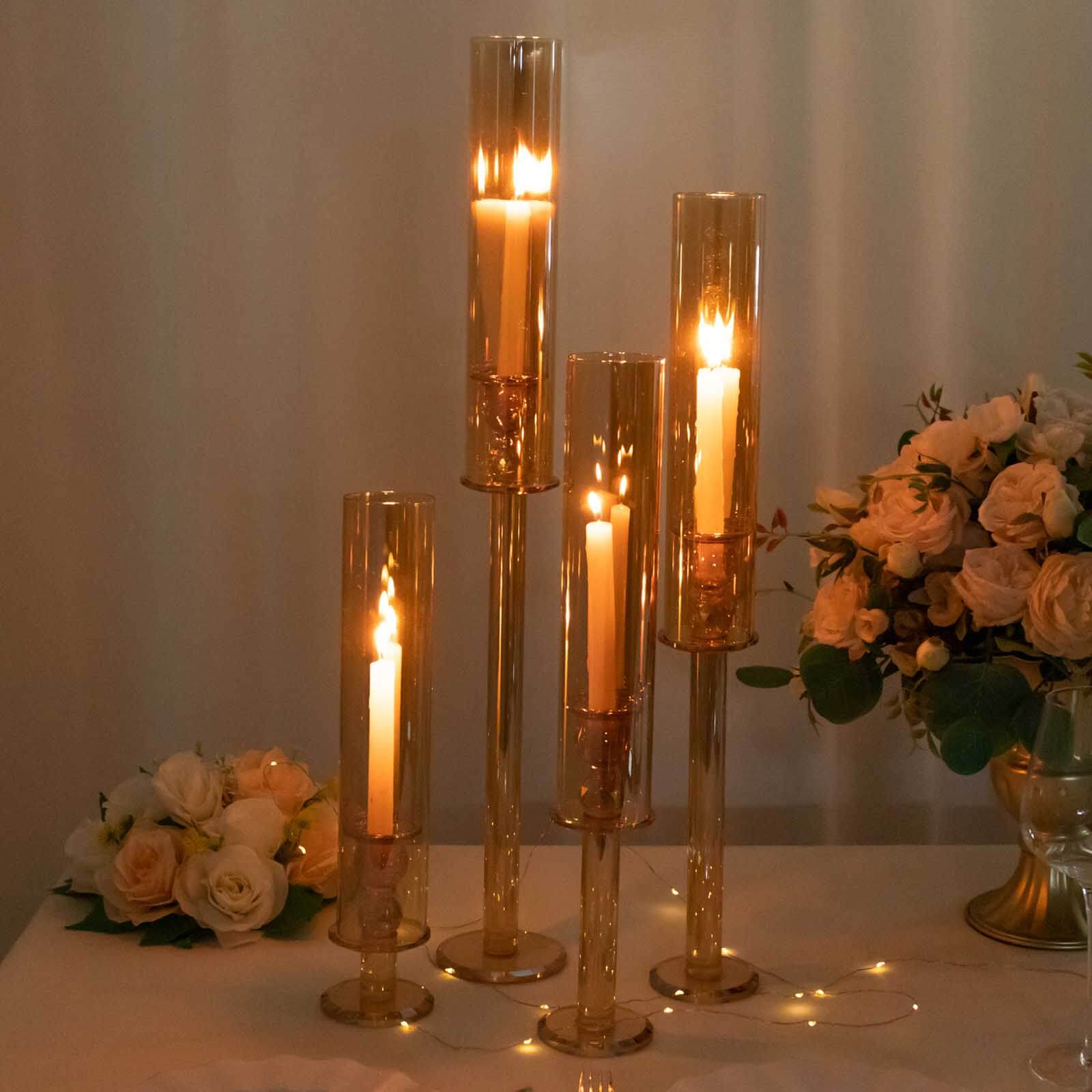 Set of 4 Crystal Glass Hurricane Taper Candle Holders, Decorative Tall Candle Stands Amber Gold Cylinder Chimney Tubes 14", 18", 22", 26" - Bell Racket Store
